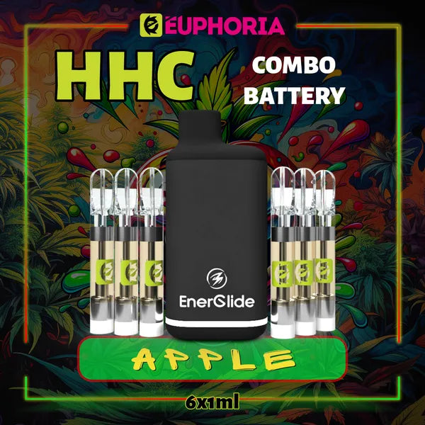 Şase HHC Cartuș Vape + Battery de la E-Euphoria România, conținând 1ml cu 95% HHC și miros de terpene Măr, aromă dulce fructată pentru un efect euforie calmantă.