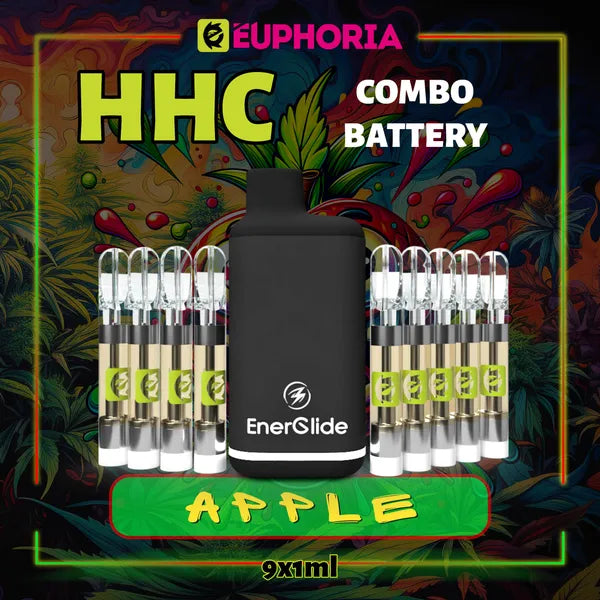 Nouă HHC Cartuș Vape + Battery de la E-Euphoria România, conținând 1ml cu 95% HHC și miros de terpene Măr, dulce fructată pentru un efect Euforie calmantă.