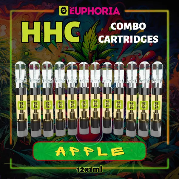 Doisprezece HHC Cartuș Vape de la E-Euphoria România, conținând 1ml cu 95% HHC și miros de terpene Măr, dulce fructată pentru un efect euforie calmantă.