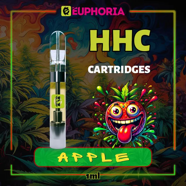 Un HHC Cartuș Vape de la E-Euphoria România, conținând 1ml cu 95% HHC și miros de terpene Măr, aromă dulce fructată pentru un efect euforie calmantă.