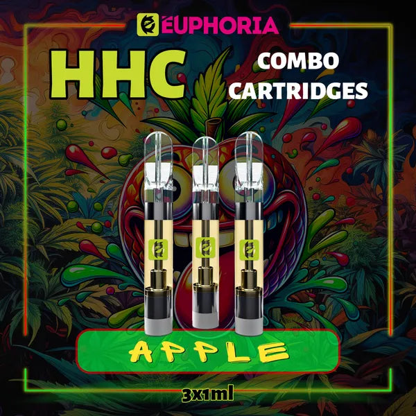 Trei HHC Cartuș Vape de la E-Euphoria România, conținând 1ml cu 95% HHC și miros de terpene Măr, dulce fructată pentru un efect euforie calmantă.