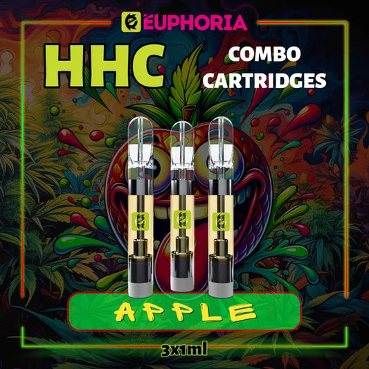 Trei HHC Cartuș Vape de la E-Euphoria România, conținând 1ml cu 95% HHC și miros de terpene Măr, dulce fructată pentru un efect euforie calmantă.