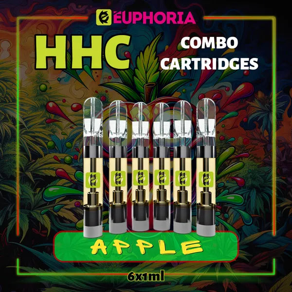 Şase HHC Cartuș Vape de la E-Euphoria România, conținând 1ml cu 95% HHC și miros de terpene Măr, aromă dulce fructată pentru un efect de euforie calmantă.