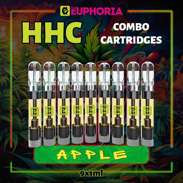 Nouă HHC Cartuș Vape de la E-Euphoria România, conținând 1ml cu 95% HHC și miros de terpene Măr, aromă dulce fructată pentru un efect euforie calmantă.