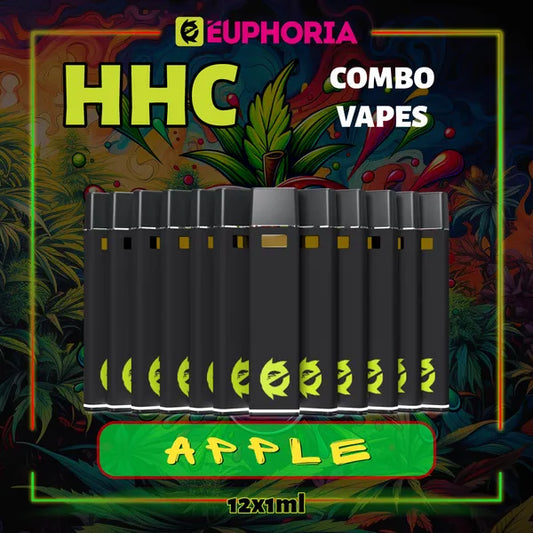 Doisprezece HHC Vape de la E-Euphoria România, conținând 1ml cu 95% HHC și miros de terpene Măr, aromă dulce fructată pentru un efect de euforie calmantă.