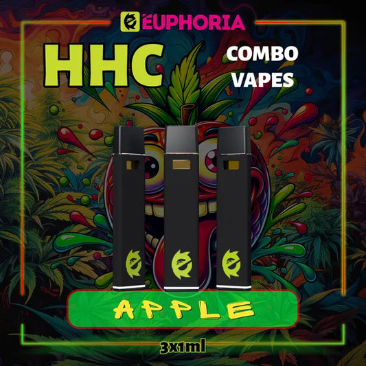 Trei HHC Vape de la E-Euphoria România, conținând 1ml cu 95% HHC și miros de terpene Măr, aromă dulce fructată pentru un efect euforie calmantă.