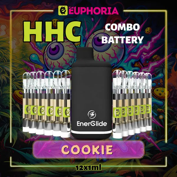 Doisprezece HHC Cartuș Vape + Battery de la E-Euphoria România, conținând 1ml cu 95% HHC și miros de terpene Biscuită, aromă de biscuiți pentru un efect euforic, relaxant.