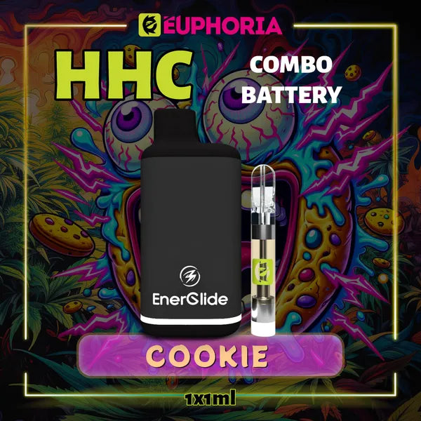 Un HHC Cartuș Vape + Battery de la E-Euphoria România, conținând 1ml cu 95% HHC și miros de terpene Biscuită, aromă de biscuiți pentru un efect euforic, relaxant.