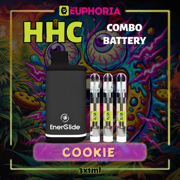 Trei HHC Cartuș Vape + Battery de la E-Euphoria România, conținând 1ml cu 95% HHC și miros de terpene Biscuită, aromă de biscuiți pentru un efect euforic, relaxant.