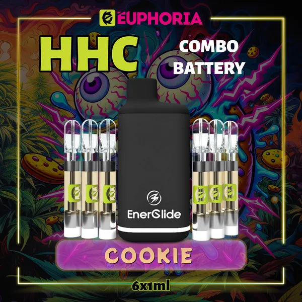 Şase HHC Cartuș Vape + Battery de la E-Euphoria România, conținând 1ml cu 95% HHC și miros de terpene Biscuită, cu biscuiți pentru un efect euforic, relaxant.