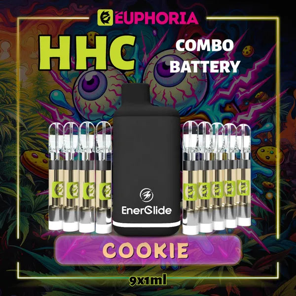 Nouă HHC Cartuș Vape + Battery de la E-Euphoria România, conținând 1ml cu 95% HHC și miros de terpene Biscuită, aromă de biscuiți pentru un efect euforic, relaxant.