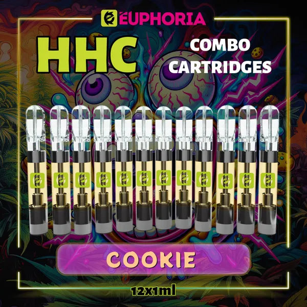 Doisprezece HHC Cartuș Vape de la E-Euphoria România, conținând 1ml cu 95% HHC și miros de terpene Biscuită, aromă de biscuiți pentru un efect euforic, relaxant.