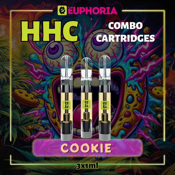 Trei HHC Cartuș Vape de la E-Euphoria România, conținând 1ml cu 95% HHC și miros de terpene Biscuită, aromă de biscuiți pentru un efect euforic, relaxant.