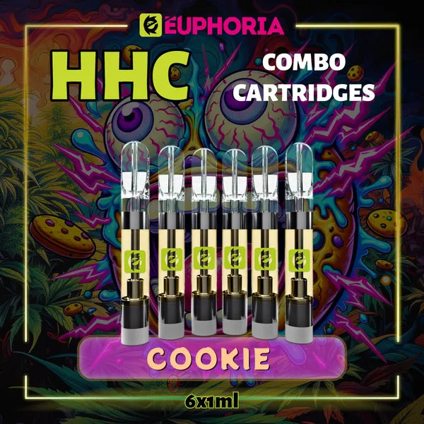 Şase HHC Cartuș Vape de la E-Euphoria România, conținând 1ml cu 95% HHC și miros de terpene Biscuită, aromă de biscuiți pentru un efect euforic, relaxant.