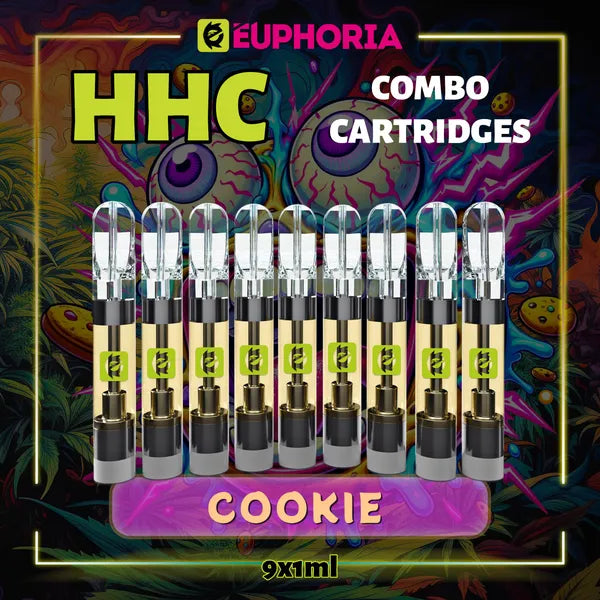 Nouă HHC Cartuș Vape de la E-Euphoria România, conținând 1ml cu 95% HHC și miros de terpene Biscuită, aromă de biscuiți pentru un efect euforic, relaxant.