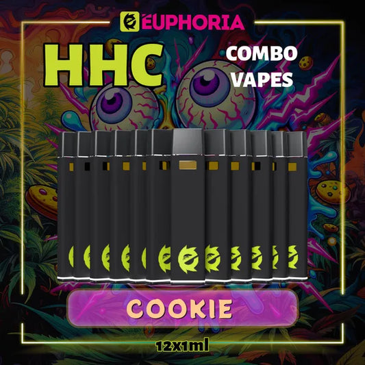 Doisprezece HHC Vape de la E-Euphoria România, conținând 1ml cu 95% HHC și miros de terpene Biscuită, aromă de biscuiți pentru un efect euforic, relaxant.