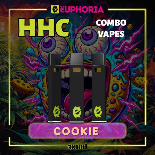 Trei HHC Vape de la E-Euphoria România, conținând 1ml cu 95% HHC și miros de terpene Biscuită, aromă de biscuiți pentru un efect euforic, relaxant.