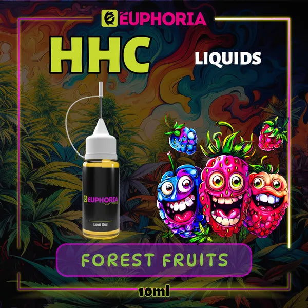 Un HHC Lichid Vape de la E-Euphoria România, conținând 10ml cu 2000mg HHC și miros de terpene Forest Fruits, aromă de citrice pentru un efect amuzant, râzând.