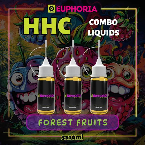 Un HHC Lichid Vape de la E-Euphoria România, conținând 3 x 10ml cu 2000mg HHC și miros de terpene Forest Fruits, efect amuzant, râzând.