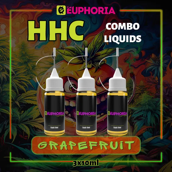 Un HHC Lichid Vape de la E-Euphoria România, conținând 3 x 10ml cu 2000mg HHC și miros de terpene Grapefruit, aromă de grapefruit pentru un efect calmant mental.