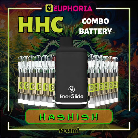 Doisprezece HHC Cartuș Vape + Battery de la E-Euphoria România, conținând 1ml cu 95% HHC și miros de terpene Hashish, aromă pământească pentru un efect psihoactiv, relaxant.