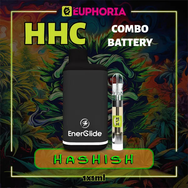 Un HHC Cartuș Vape + Battery de la E-Euphoria România, conținând 1ml cu 95% HHC și miros de terpene Hashish, aromă pământească pentru un efect psihoactiv, relaxant.