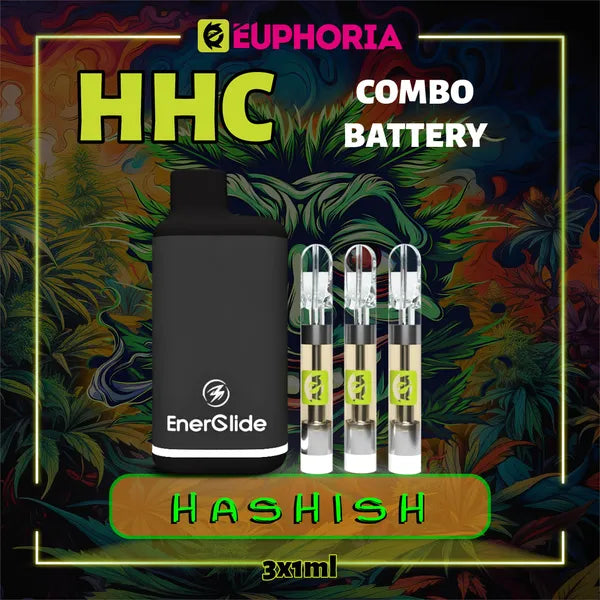 Trei HHC Cartuș Vape + Battery de la E-Euphoria România, conținând 1ml cu 95% HHC și miros de terpene Hashish, aromă pământească pentru un efect psihoactiv, relaxant.