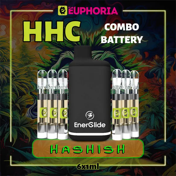 Şase HHC Cartuș Vape + Battery de la E-Euphoria România, conținând 1ml cu 95% HHC și miros de terpene Hashish, aromă pământească pentru un efect psihoactiv, relaxant.