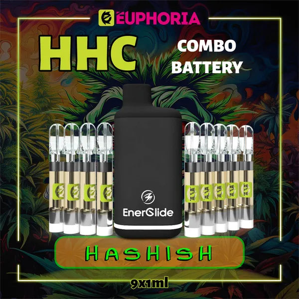 Nouă HHC Cartuș Vape + Battery de la E-Euphoria România, conținând 1ml cu 95% HHC și miros de terpene Hashish, aromă pământească pentru un efect psihoactiv, relaxant.