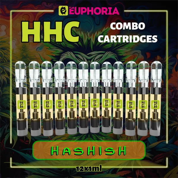 Doisprezece HHC Cartuș Vape de la E-Euphoria România, conținând 1ml cu 95% HHC și miros de terpene Hashish, aromă pământească pentru un efect psihoactiv, relaxant.