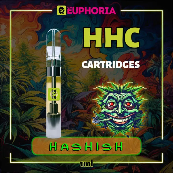 Un HHC Cartuș Vape de la E-Euphoria România, conținând 1ml cu 95% HHC și miros de terpene Hashish, aromă pământească pentru un efect psihoactiv, relaxant.