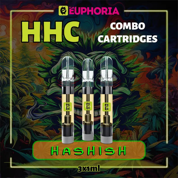 Trei HHC Cartuș Vape de la E-Euphoria România, conținând 1ml cu 95% HHC și miros de terpene Hashish, pământească pentru un efect psihoactiv, relaxant.