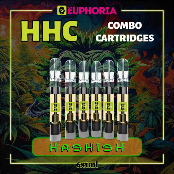 Şase HHC Cartuș Vape de la E-Euphoria România, conținând 1ml cu 95% HHC și miros de terpene Hashish, aromă pământească pentru un efect psihoactiv, relaxant.