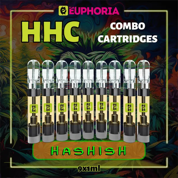 Nouă HHC Cartuș Vape de la E-Euphoria România, conținând 1ml cu 95% HHC și miros de terpene Hashish, aromă pământească pentru un efect psihoactiv, relaxant.