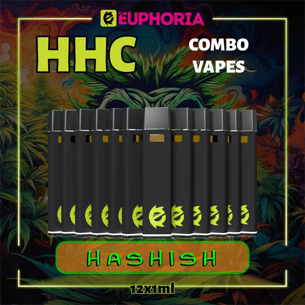 Doisprezece HHC Vape de la E-Euphoria România, conținând 1ml cu 95% HHC și miros de terpene Hashish, aromă pământească pentru un efect psihoactiv, relaxant.