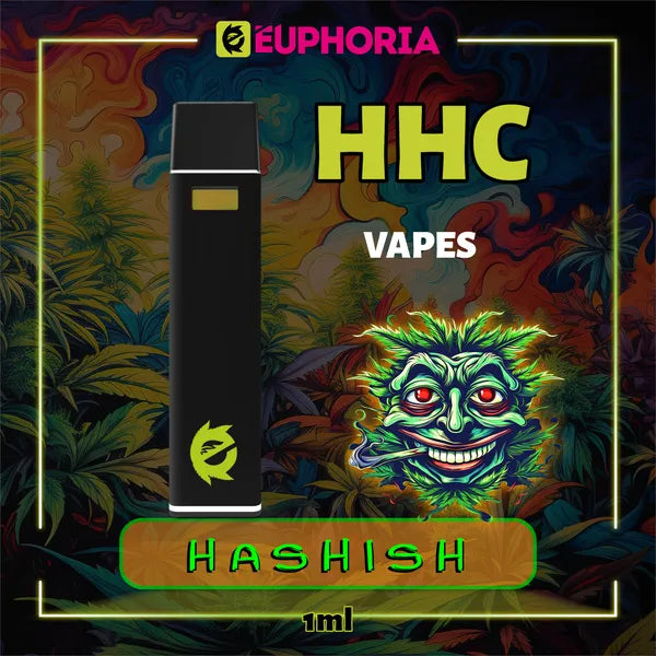 Un HHC Vape de la E-Euphoria România, conținând 1ml cu 95% HHC și miros de terpene Hashish, aromă pământească pentru un efect psihoactiv, relaxant.