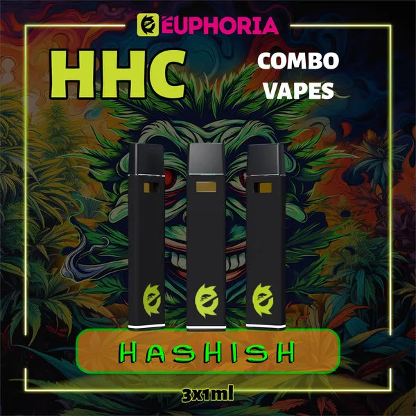 Trei HHC Vape de la E-Euphoria România, conținând 1ml cu 95% HHC și miros de terpene Hashish, aromă pământească pentru un efect psihoactiv, relaxant.