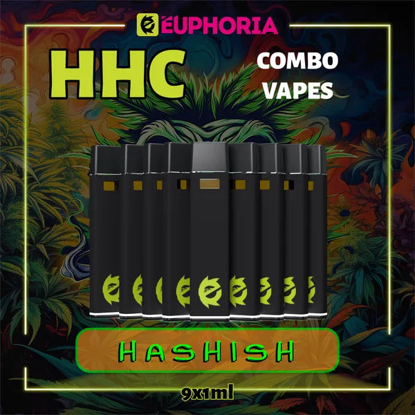 Nouă HHC Vape de la E-Euphoria România, conținând 1ml cu 95% HHC și miros de terpene Hashish, aromă pământească pentru un efect psihoactiv, relaxant.