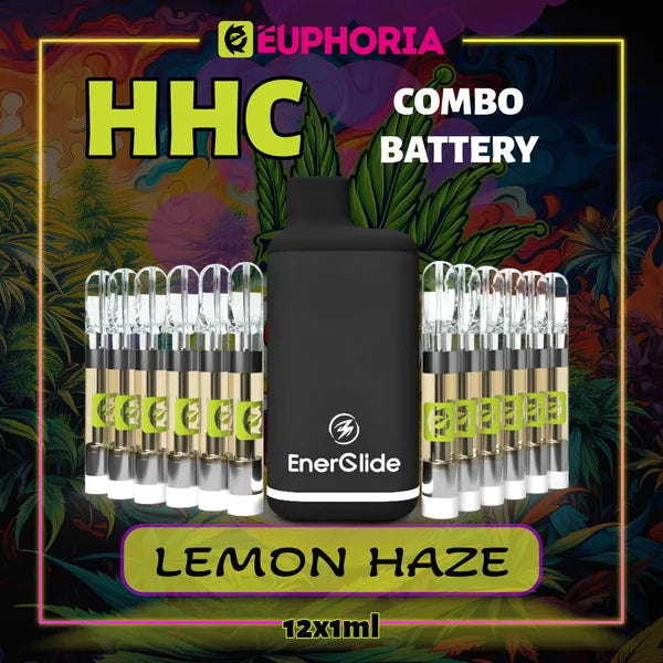 Doisprezece HHC Cartuș Vape + Battery de la E-Euphoria România, conținând 1ml cu 95% HHC și miros de terpene Lemon Haze, aromă de lămâie pentru un efect înălțător, relaxant.