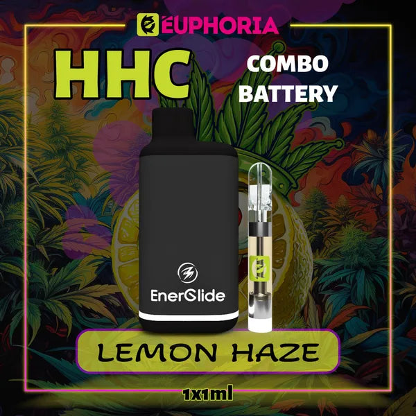 Un HHC Cartuș Vape + Battery de la E-Euphoria România, conținând 1ml cu 95% HHC și miros de terpene Lemon Haze, aromă de lămâie pentru un efect înălțător, relaxant.