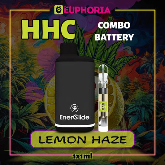 Un HHC Cartuș Vape + Battery de la E-Euphoria România, conținând 1ml cu 95% HHC și miros de terpene Lemon Haze, aromă de lămâie pentru un efect înălțător, relaxant.