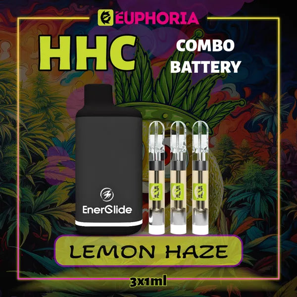 Trei HHC Cartuș Vape + Battery de la E-Euphoria România, conținând 1ml cu 95% HHC și miros de terpene Lemon Haze, cu efect înălțător, relaxant și cu aromă de lămâie.