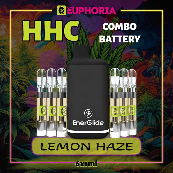 Şase HHC Cartuș Vape + Battery de la E-Euphoria România, conținând 1ml cu 95% HHC și miros de terpene Lemon Haze, aromă de lămâie pentru un efect înălțător, relaxant.