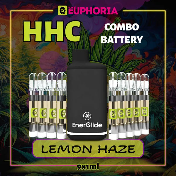 Nouă HHC Cartuș Vape + Battery de la E-Euphoria România, conținând 1ml cu 95% HHC și miros de terpene Lemon Haze, aromă de lămâie pentru un efect înălțător, relaxant.