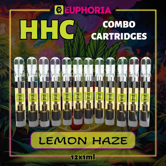 Doisprezece HHC Cartuș Vape de la E-Euphoria România, conținând 1ml cu 95% HHC și miros de terpene Lemon Haze, aromă de lămâie pentru un efect înălțător, relaxant.