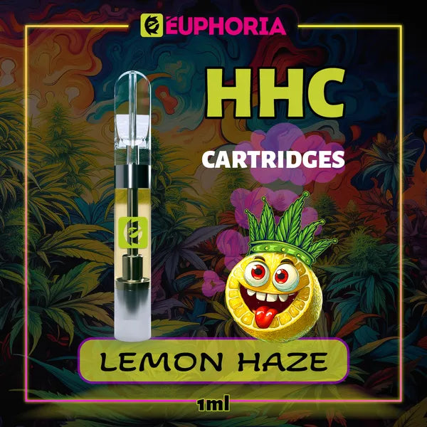 Un HHC Cartuș Vape de la E-Euphoria România, conținând 1ml cu 95% HHC și miros de terpene Lemon Haze, aromă de lămâie pentru un efect înălțător, relaxant.