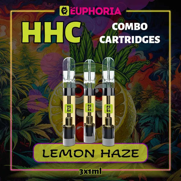 Trei HHC Cartuș Vape de la E-Euphoria România, conținând 1ml cu 95% HHC și miros de terpene Lemon Haze, aromă de lămâie pentru un efect înălțător, relaxant.