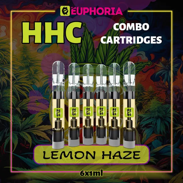 Şase HHC Cartuș Vape de la E-Euphoria România, conținând 1ml cu 95% HHC și miros de terpene Lemon Haze, aromă de lămâie pentru un efect înălțător, relaxant.