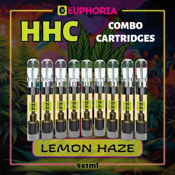 Nouă HHC Cartuș Vape de la E-Euphoria România, conținând 1ml cu 95% HHC și miros de terpene Lemon Haze, cu aromă de lămâie pentru un efect înălțător, relaxant.