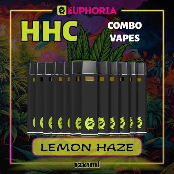 Doisprezece HHC Vape de la E-Euphoria România, conținând 1ml cu 95% HHC și miros de terpene Lemon Haze, aromă de lămâie pentru un efect înălțător, relaxant.